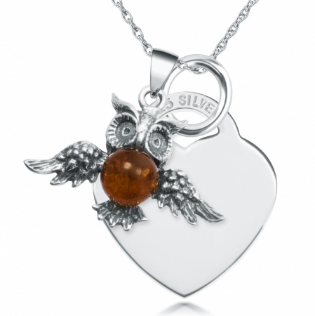 Amber Owl & Sterling Silver Heart Necklace (can be personalised)
