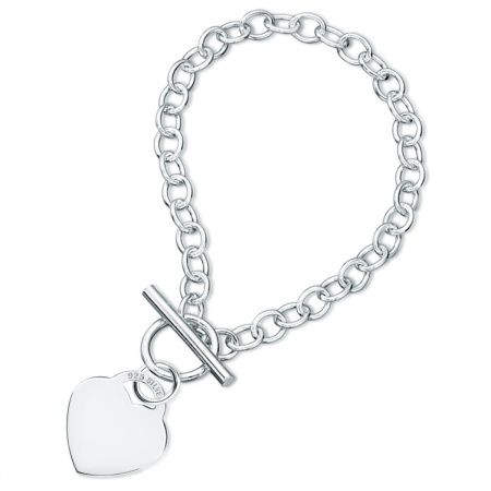 Women's Heart T-Bar Bracelet, Sterling Silver, Hallmarked, Toggle Style 7.5 inches (19cm)