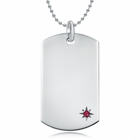 July Birthstone Dog Tag Necklace, Personalised Engraving, Sterling Silver, Ruby