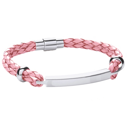 A Ladies ID Bracelet, Pink Leather & Stainless Steel (can be personalised)