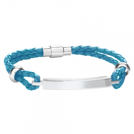 Ladies ID Bracelet, Personalised, Blue Leather & Stainless Steel