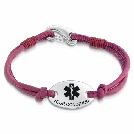 Ladies Pink Medical Alert Bracelet, Personalised, Leather & Stainless Steel