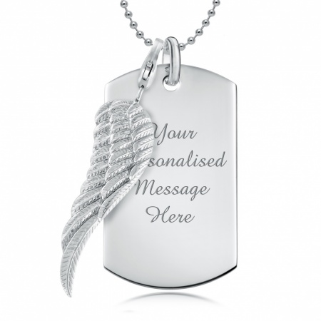 Wing & Dog Tag Necklace, Personalised, Sterling Silver