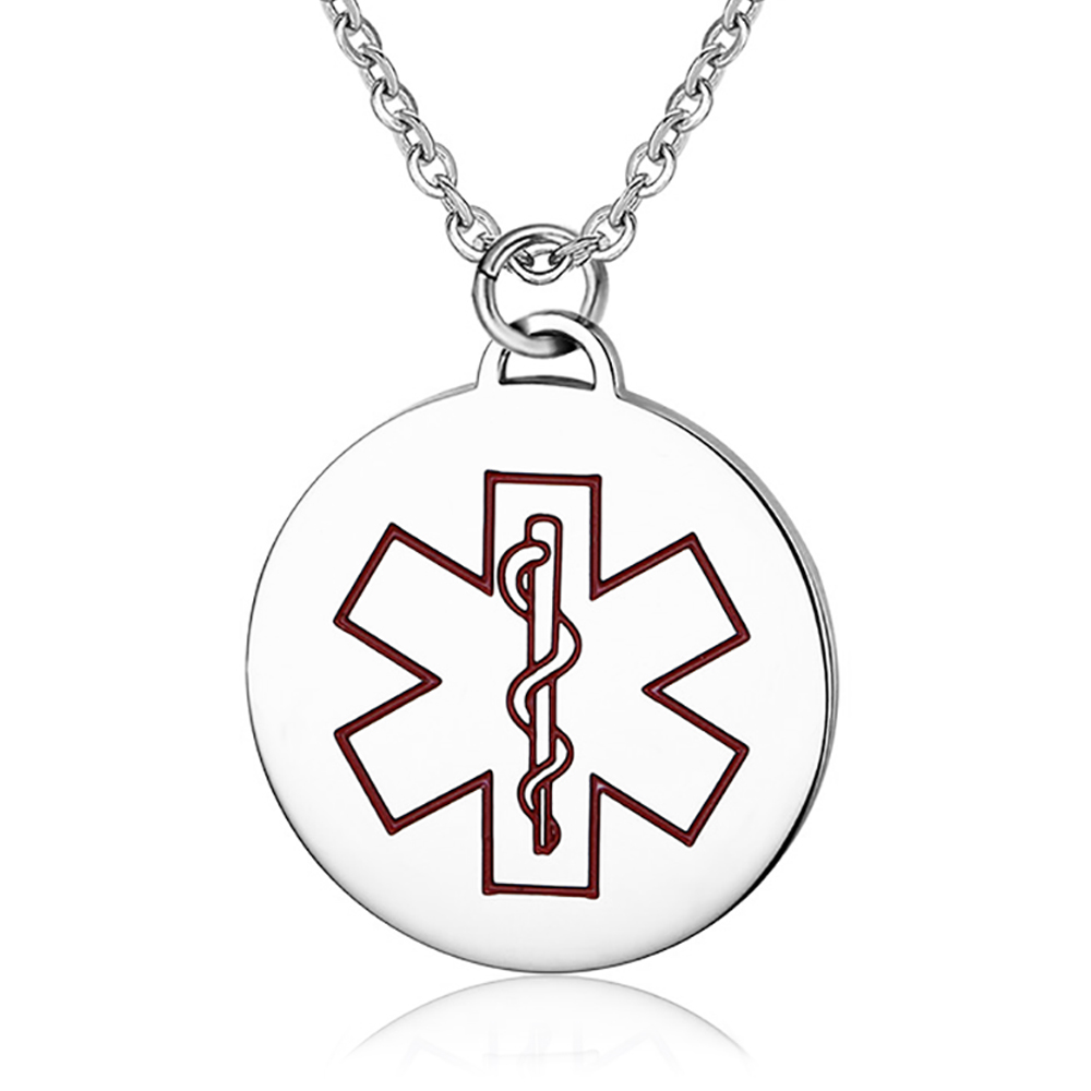 Medical Alert Necklace, Red EMS, Personalised, Mens and Womens, Round