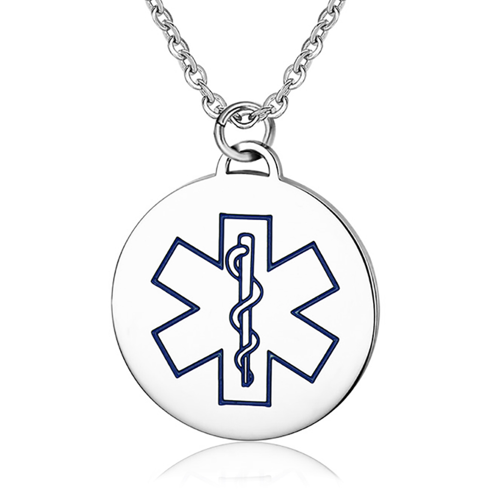 Medical Alert Necklace, Blue EMS, Personalised, Mens and Womens, Round