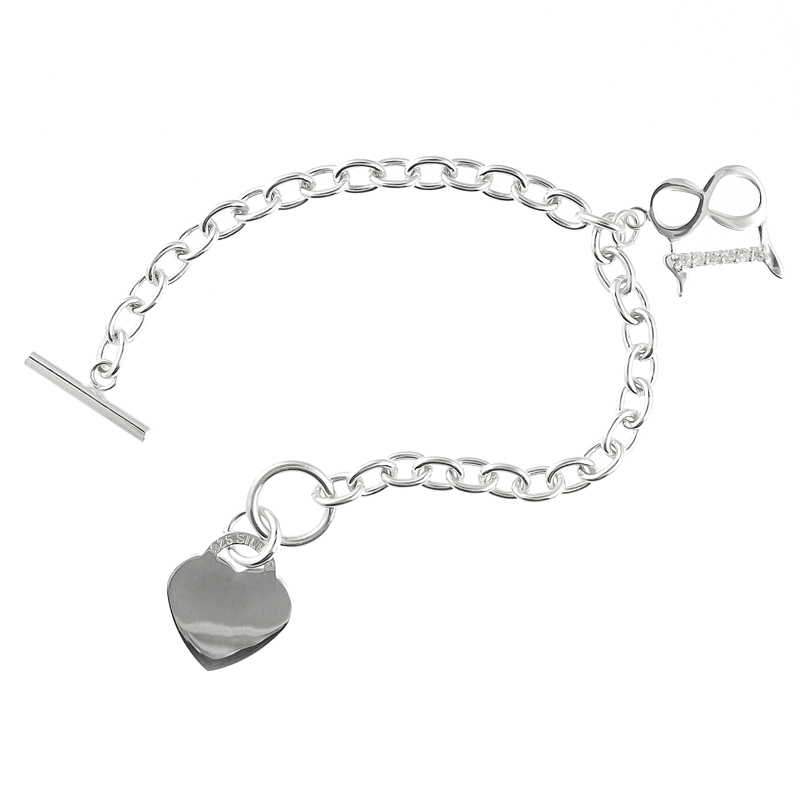18th Birthday CZ T-Bar Sterling Silver Heart Bracelet (can be personalised)
