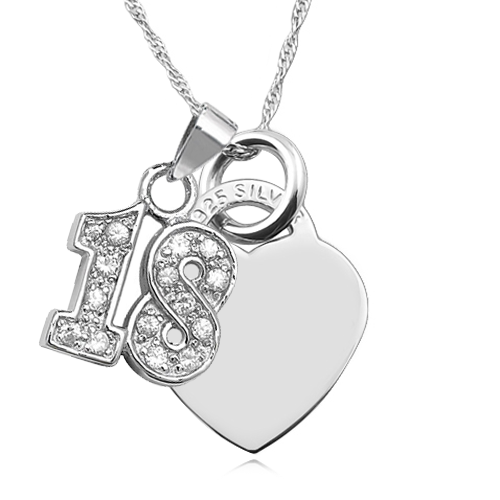 18th Birthday Heart & Cubic Zirconia Number 18 Sterling Silver Necklace (can be personalised)