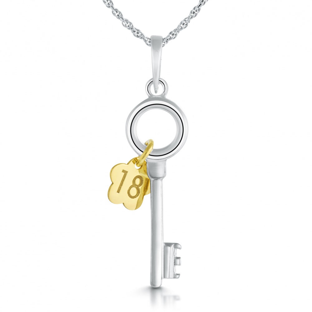 18th Birthday Key Necklace, Sterling Silver, Gold Plated Flower