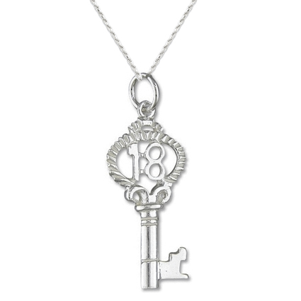 18TH HAPPY BIRTHDAY HEART KEY NECKLACE 18" SILVER CHAIN 