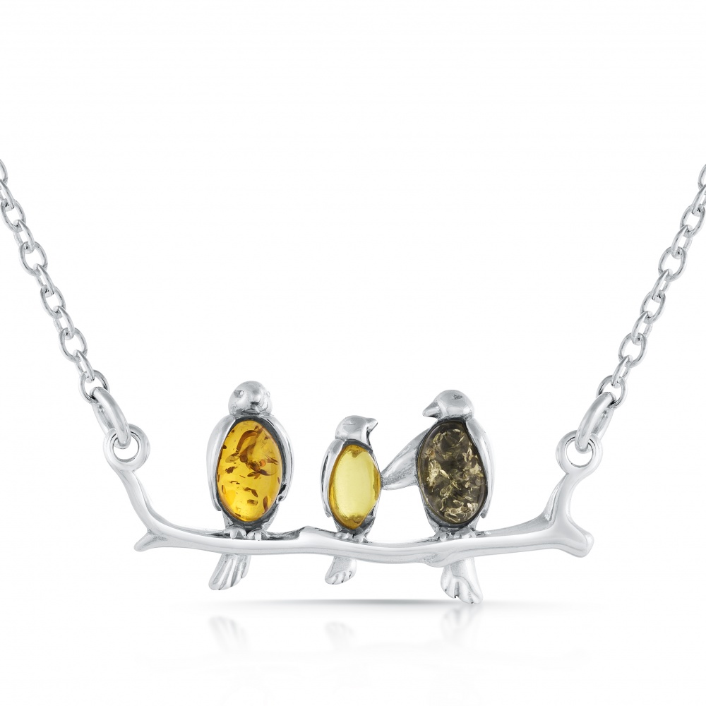 3 Birds on a Branch Necklace, Mixed Amber & Sterling Silver