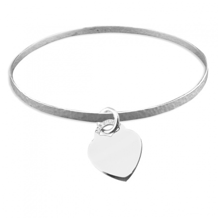Ladies Hammered Flat Slave Sterling Silver Bangles with Heart (can be personalised)