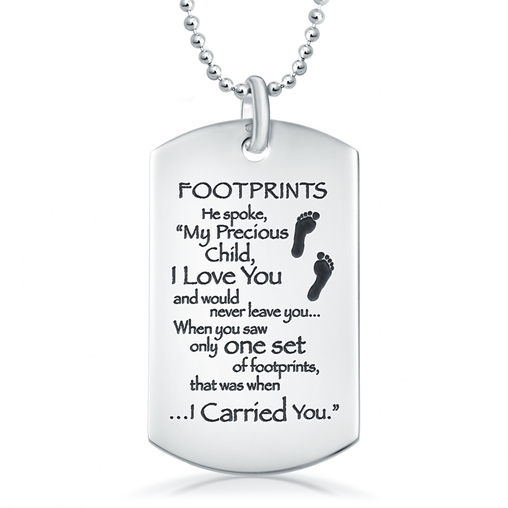 Personalised Footprints in the Sand Dog Tag Necklace, 925 Sterling Silver, for Men and Women