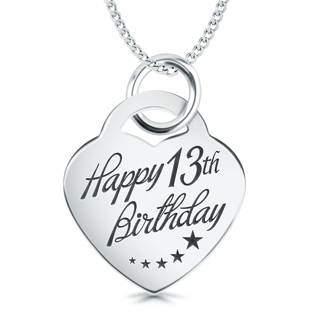 13th Birthday Stars Design Heart Shaped Sterling Silver Necklace (can be personalised)
