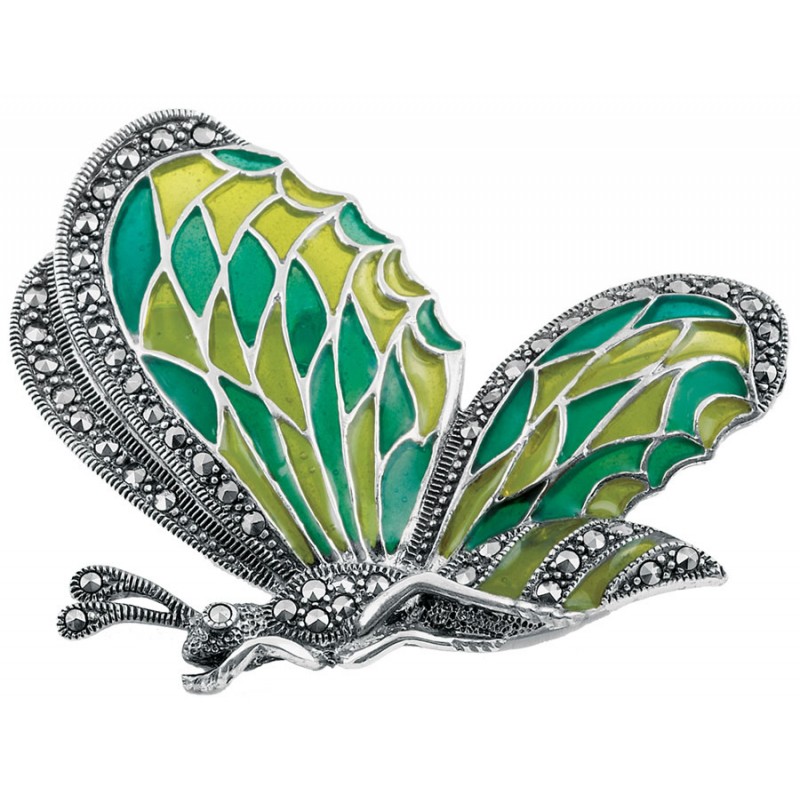 Butterfly Brooch, Art Nouveau Enamel, Marcasite & Sterling Silver