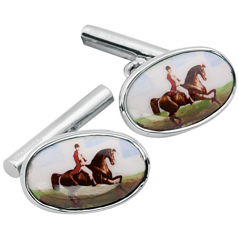Hunting Horse Cufflinks, Enamel & Sterling Silver (Engraving Available) XOP
