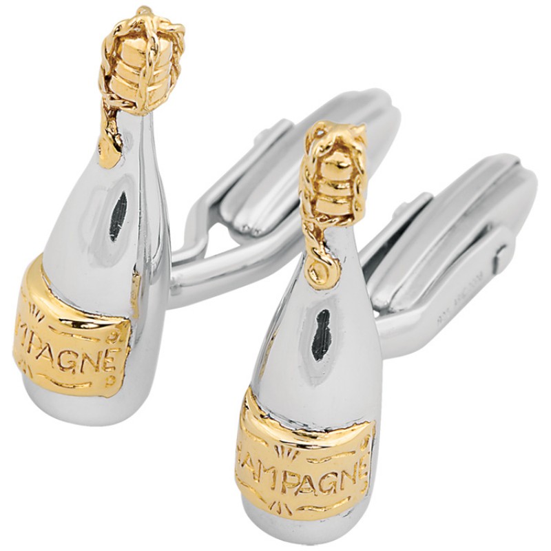 Champagne Bottle Cufflinks, Sterling Silver & Gold Plated (Engraving Available) XOP