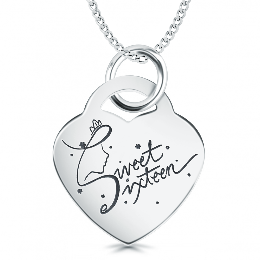 Sweet 16 Princess Crown Sterling Silver Heart Necklace (can be personalised)