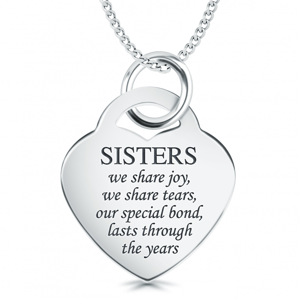 Sisters We Share Joy Necklace, Personalised, Sterling Silver, Heart Shaped