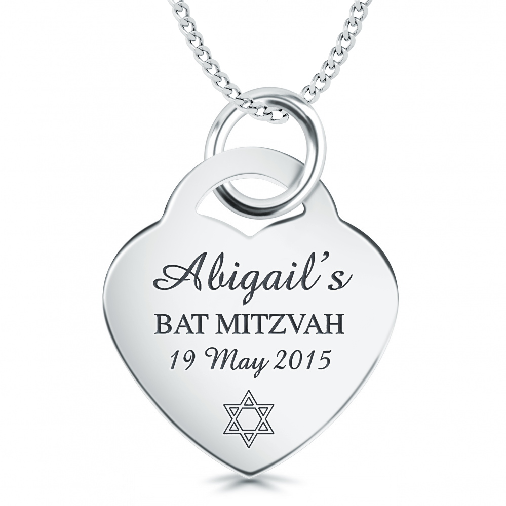 Bat Mitzvah Heart Necklace, Personalised, Sterling Silver