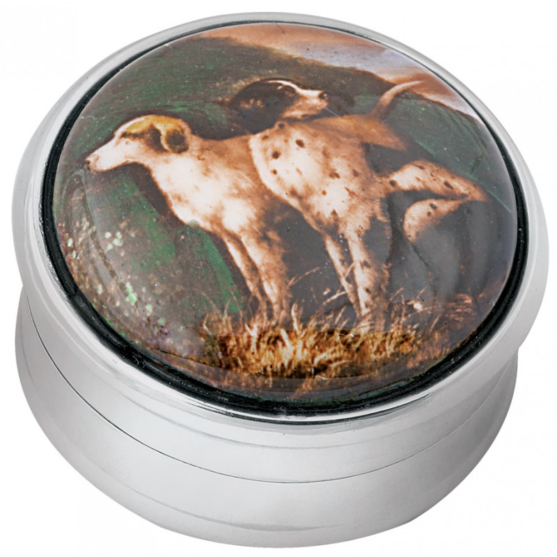 Hunting Dogs Picture Pill Box, Hallmarked Sterling Silver