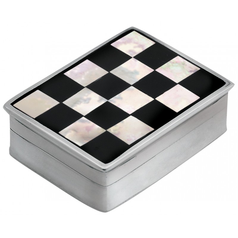 Checkered Onyx, Mother of Pearl Pill Box, Hallmarked Sterling Silver