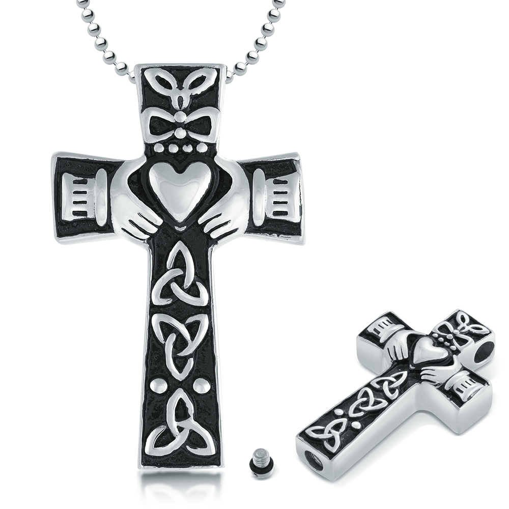 Personalised Claddagh Cross Cremation Ashes Necklace, Engraved