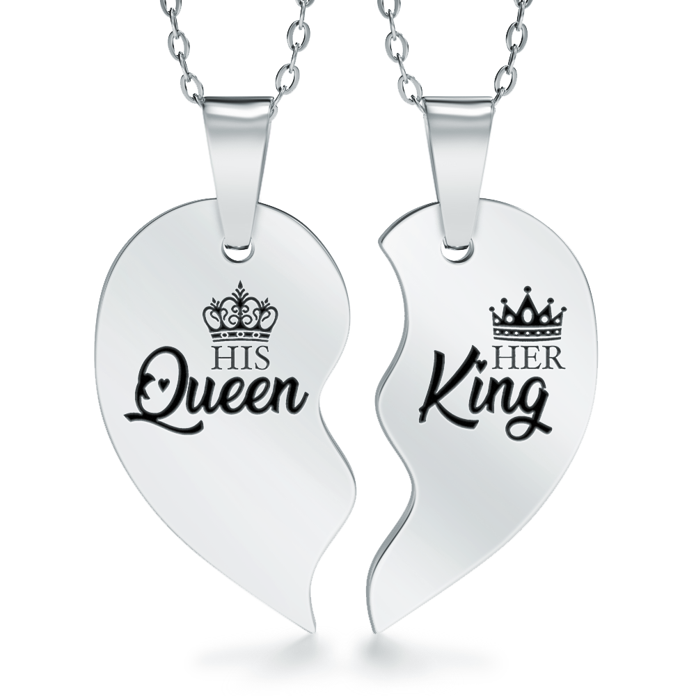 His Queen, Her King Necklaces, Personalised, Split Heart, Sharing, Couple