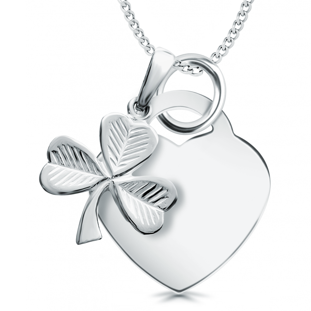 Personalised Shamrock & Heart Necklace, Sterling Silver