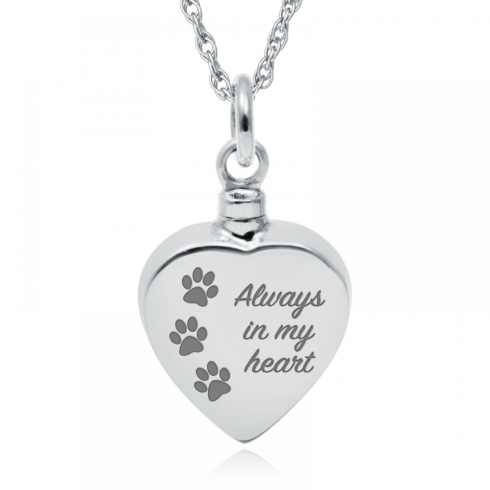 Always in my Heart Paw Prints Ashes Necklace, Personalised, 925 Sterling Silver