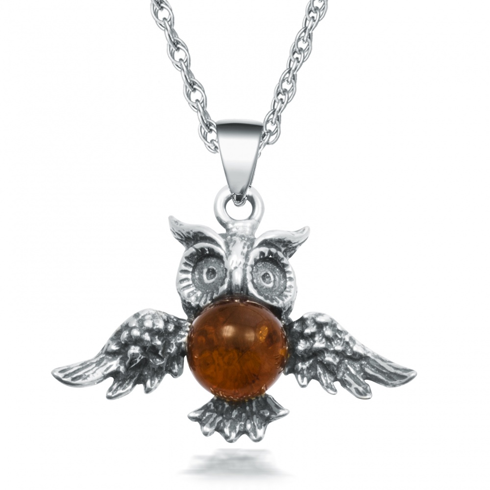 Amber Owl Necklace, Sterling Silver, Graduation