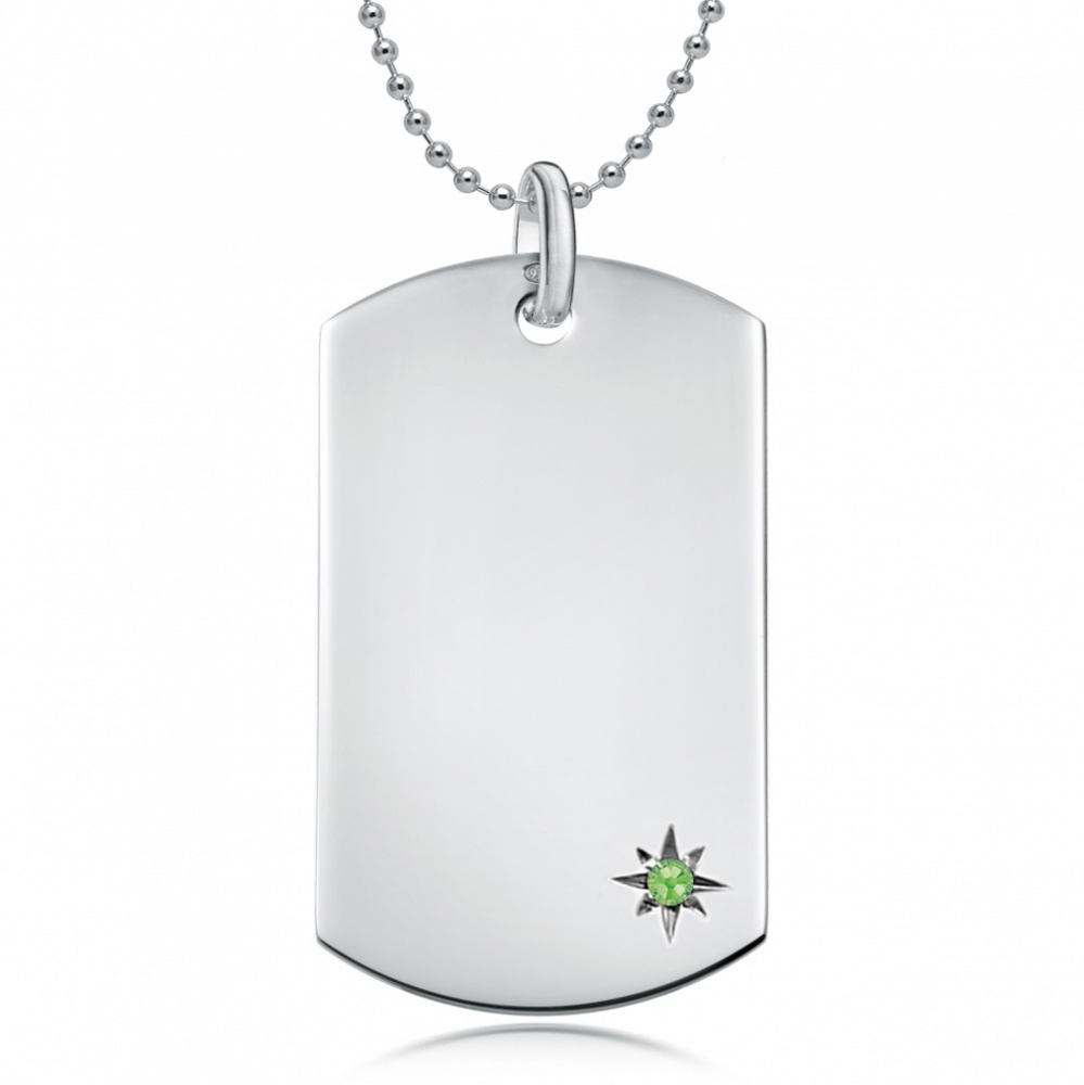 August Birthstone Dog Tag Necklace, Personalised Engraving, Sterling Silver, Pridot