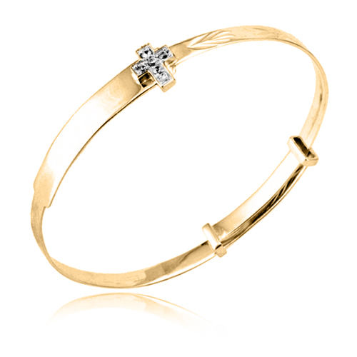 Babies Bangle 9ct Gold with Cubic Zirconia Cross (can be personalised)
