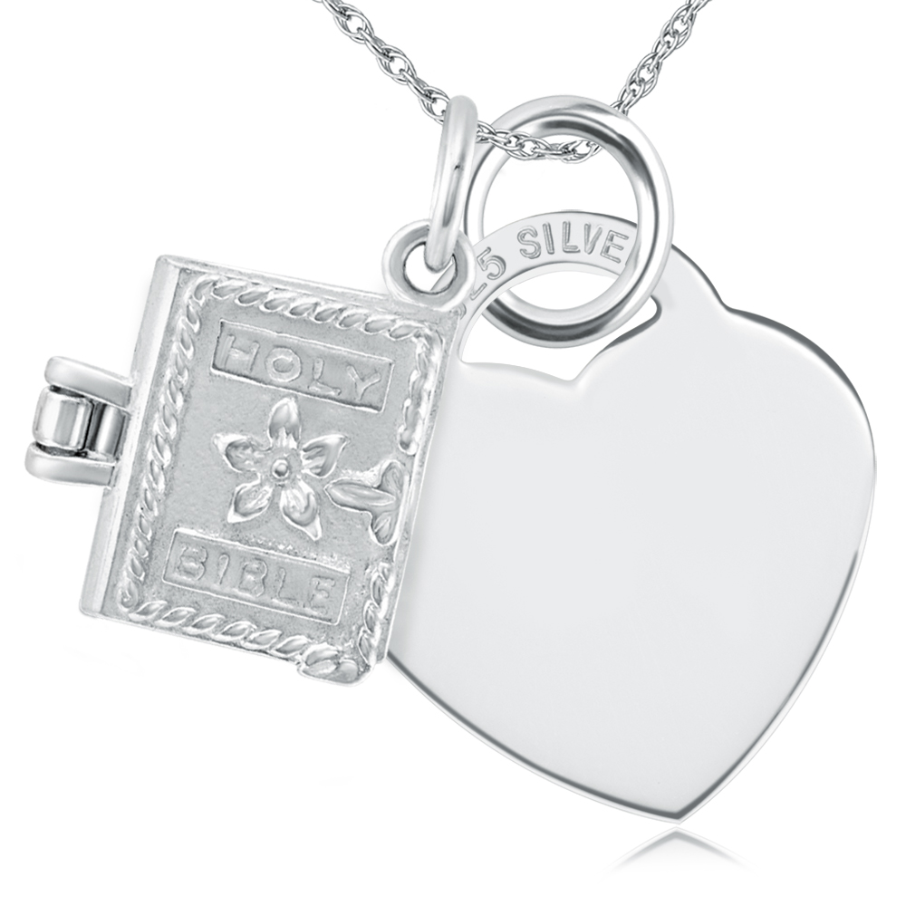 Holy Bible and Heart Sterling Silver Necklace (can be personalised)