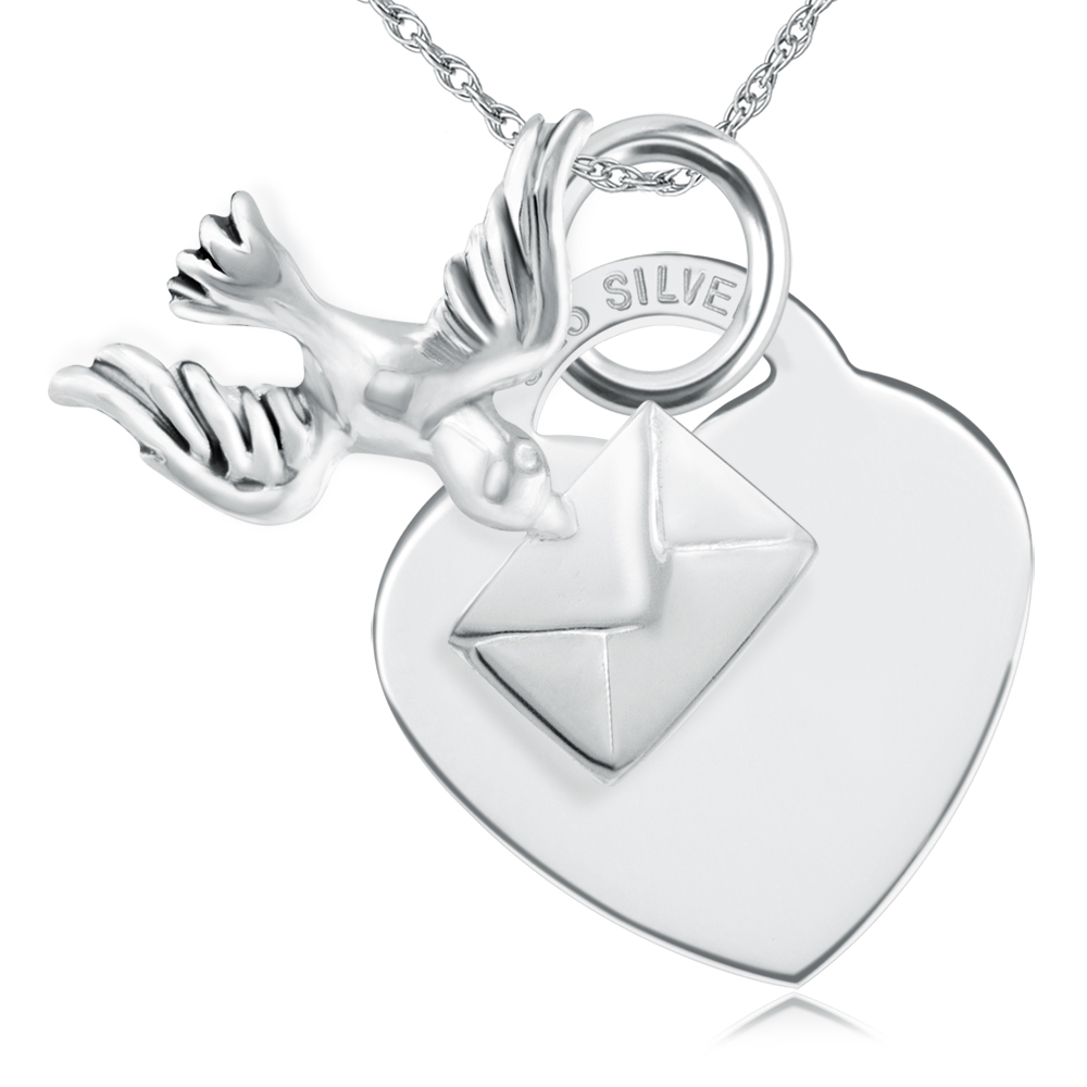 Bird Carrying a Love Letter Sterling Silver Heart Necklace (can be personalised)