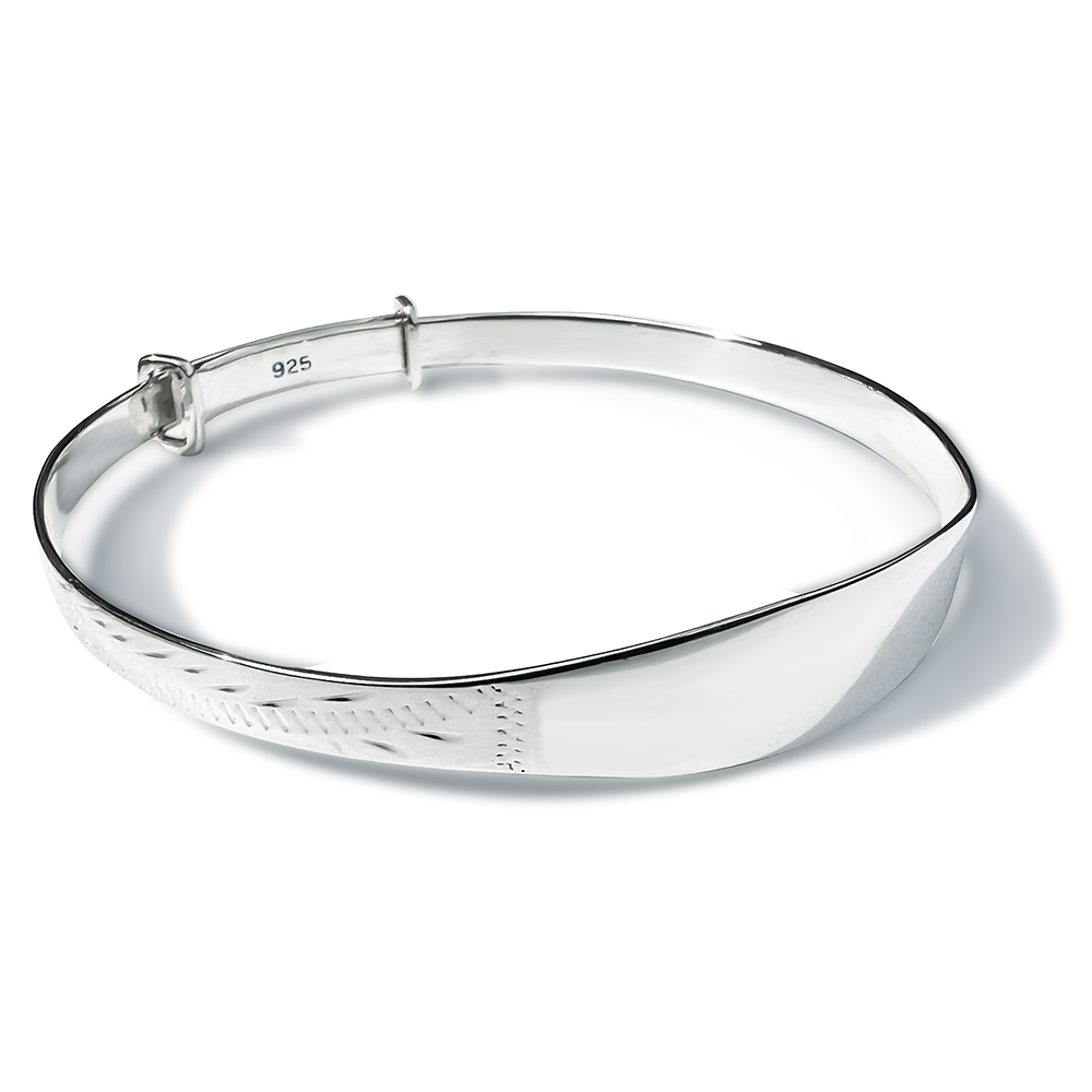 Engraved Pattern Childs ID Bangle, 925 Silver, Personalised