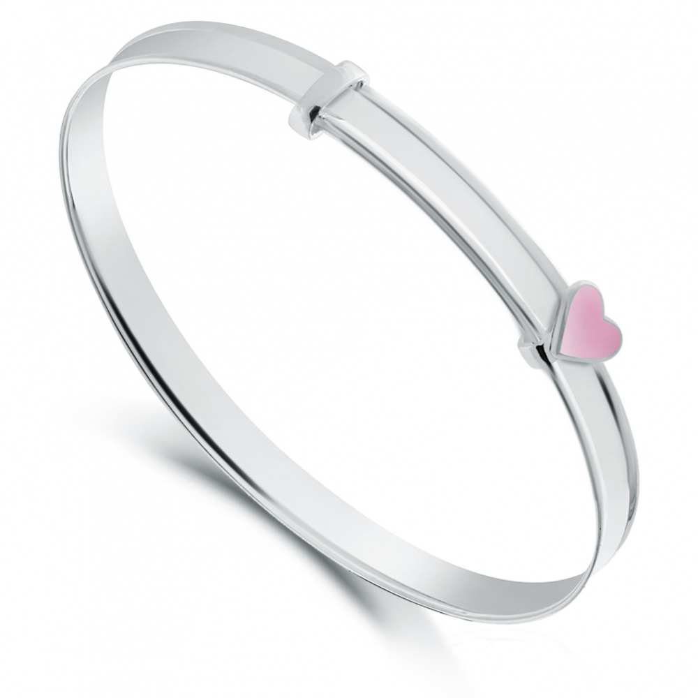 Personalised Pink Heart Sterling Silver Babies Bangle - Engraving Available
