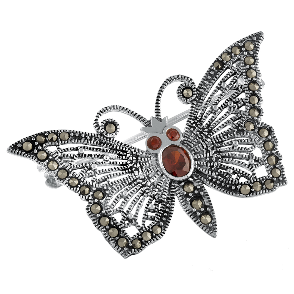 Marcasite, Sterling Silver, and Garnet Butterfly Brooch