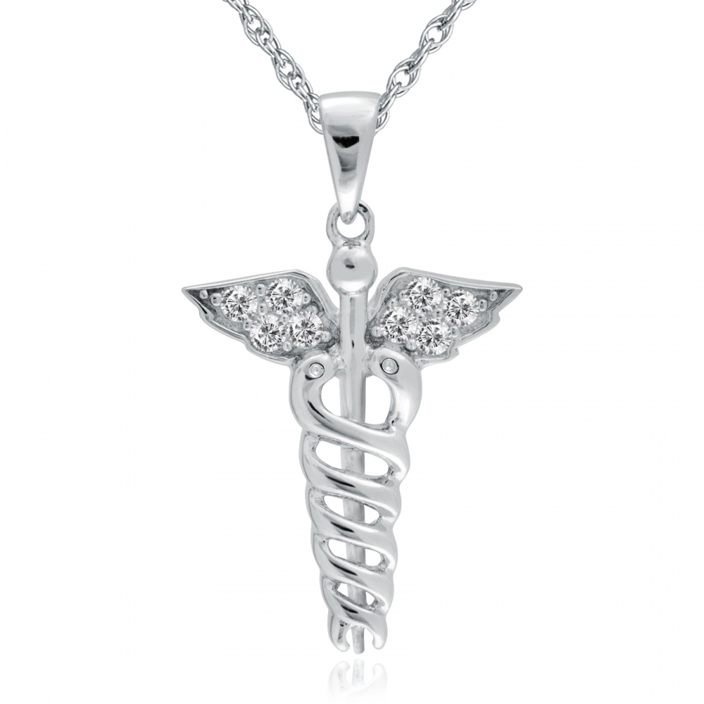 Caduceus Symbol Necklace, 925 Sterling Silver, Medical SOS