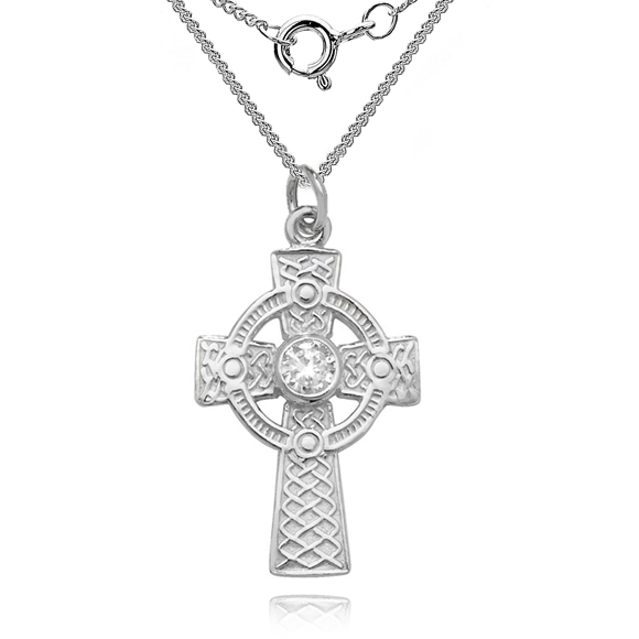 Celtic Cross Necklace, with Cubic Zirconia, Sterling Silver