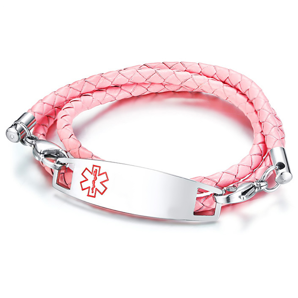 Children's Medical Alert Bracelet, Personalised, Pink Leather