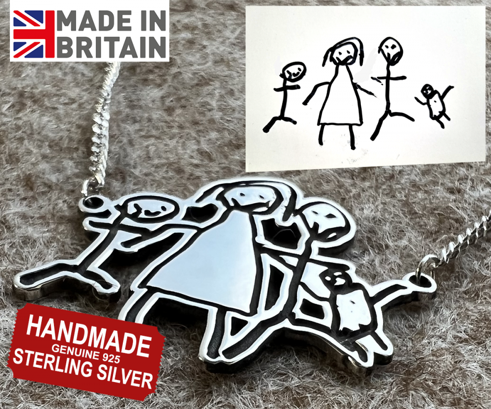 Personalised Children Drawing Necklace 925 Silver, Womens & Mens, Genuine Sterling Silver, Childs Drawing