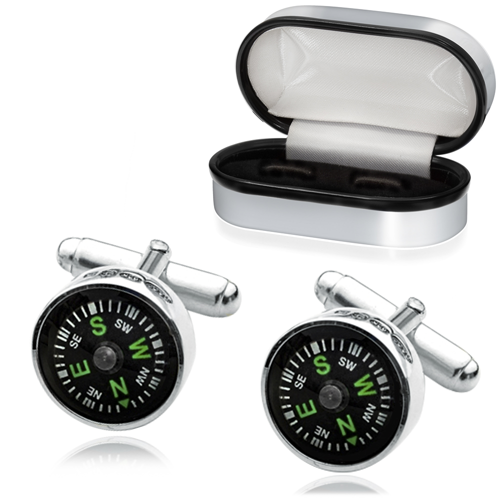Compass Cufflinks, Sterling Silver, Personalised, Real Working