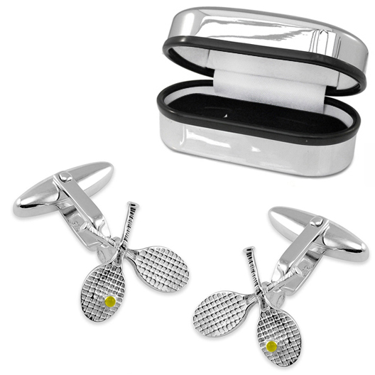 Crossed Tennis Racquets & Ball Cufflinks, with Personalised Box, Sterling Silver