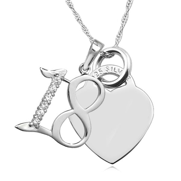 18th Birthday Heart Necklace, Free Engraving & Delivery, with Cubic Zirconia Number 18
