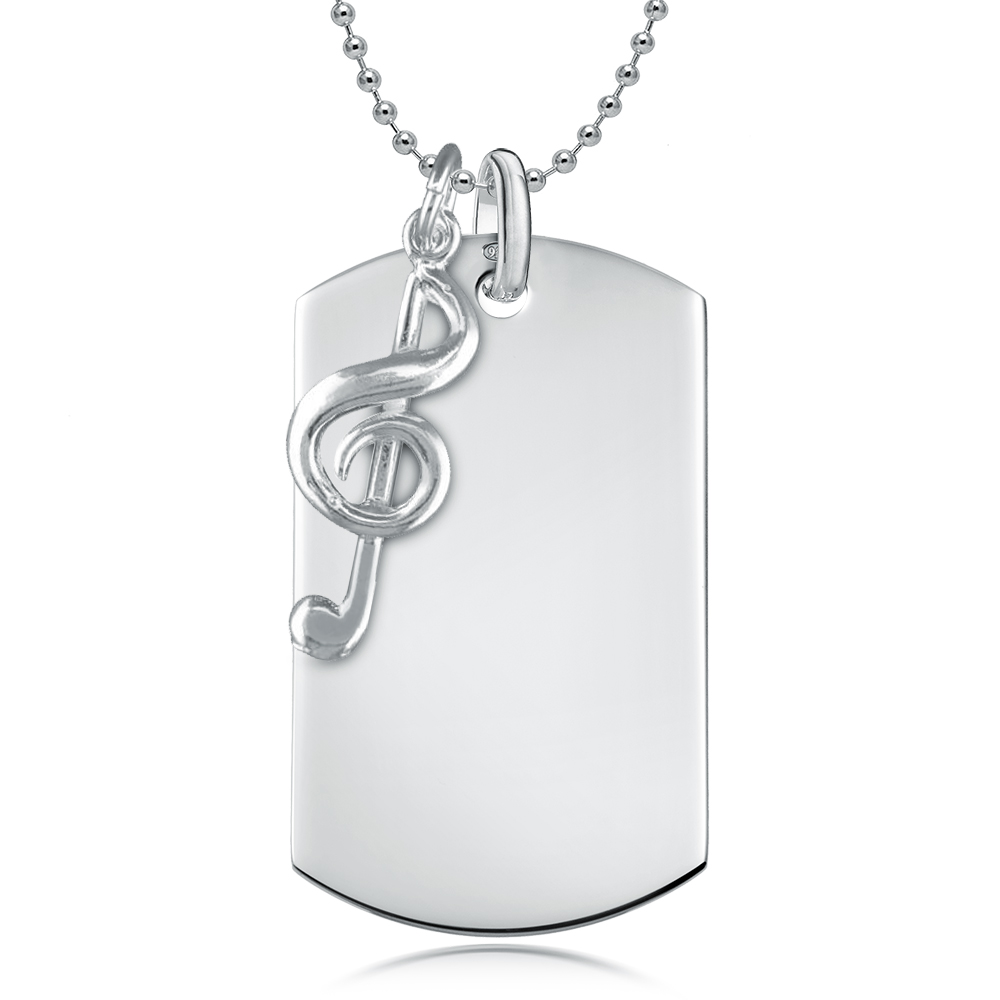 Dog Tag with Treble Clef - 925 Sterling Silver Personalised / Engraved