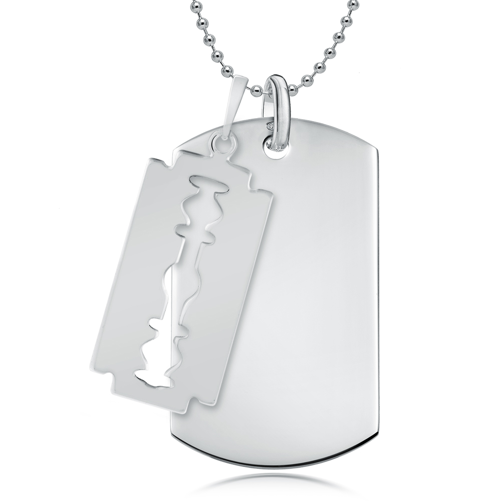 Razor Blade & Dog Tag Necklace, Personalised, 925 Sterling Silver