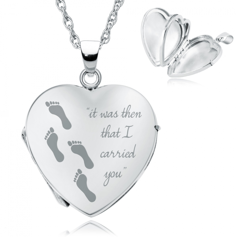 Footprints in the Sand Heart Shaped Sterling Silver 4 Photo Locket (can be personalised)