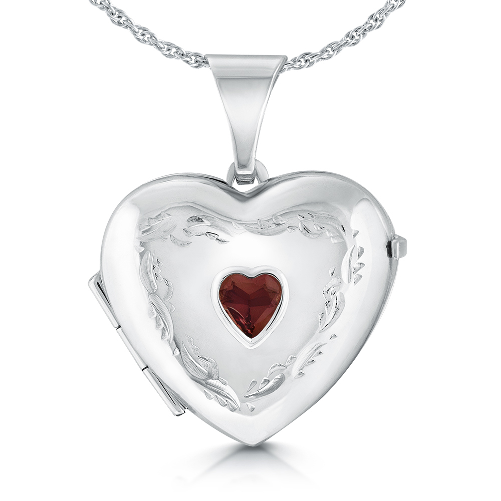 Garnet Heart Locket, Personalised, Sterling Silver