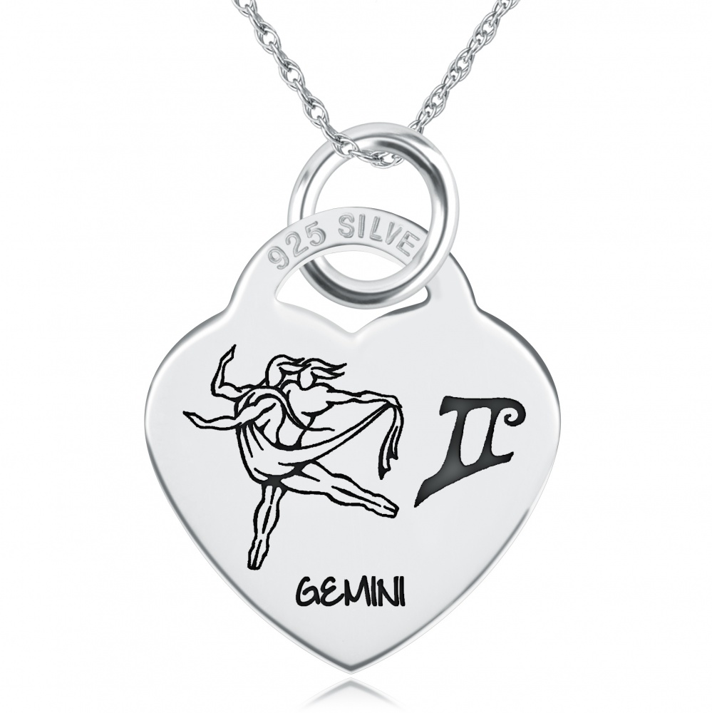 Gemini Star Sign Heart Shaped Sterling Silver Necklace (can be personalised)