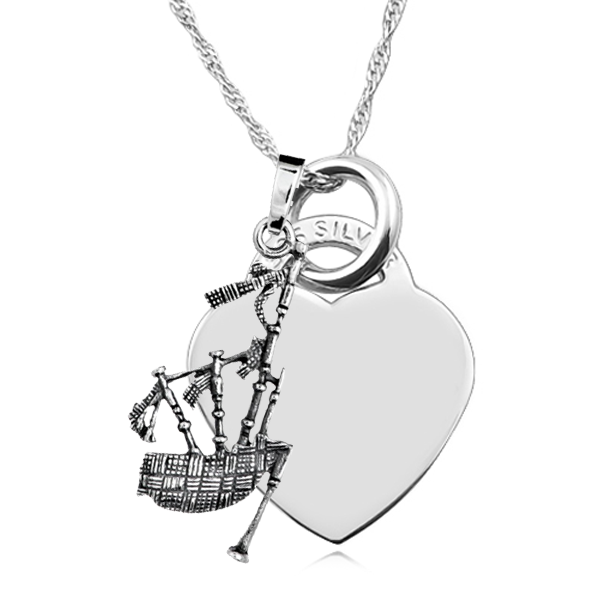 Bagpipes & Heart Necklace, Personalised, Sterling Silver